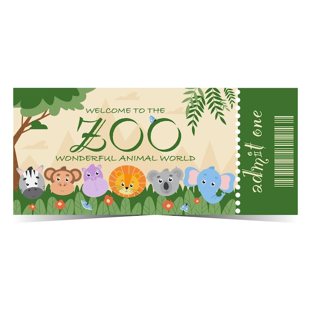 Zoo ticket with cute stylised exotic animals in the forest on background Zoological park talon