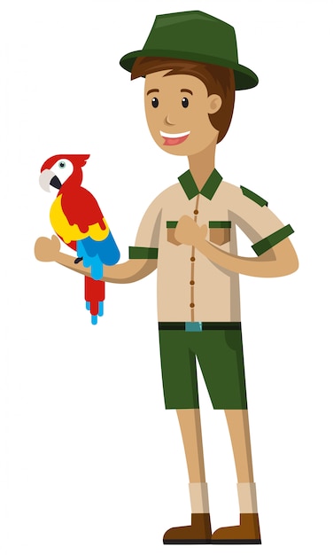 A zookeeper playing with bird isolated on white background