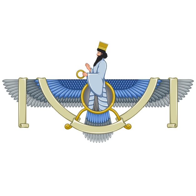 Vector zoroastrian winged solar disk with ribbon