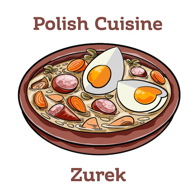 Zurek Traditional polish soup made of rye flour with smoked sausage and eggs served in bread bowl