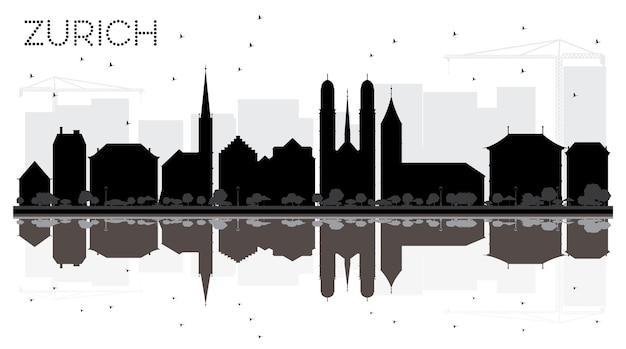 Zurich City skyline black and white silhouette with reflections. Vector illustration. Simple flat concept for tourism presentation, banner, placard or web site. Cityscape with landmarks.