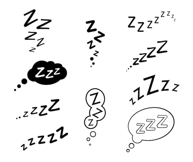 Zzz zzzz bed sleep snore icons with doodle clouds